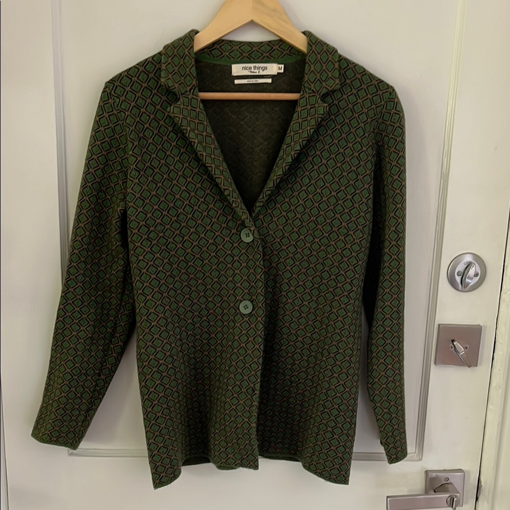 Green Knit Blazer with Textured Pattern